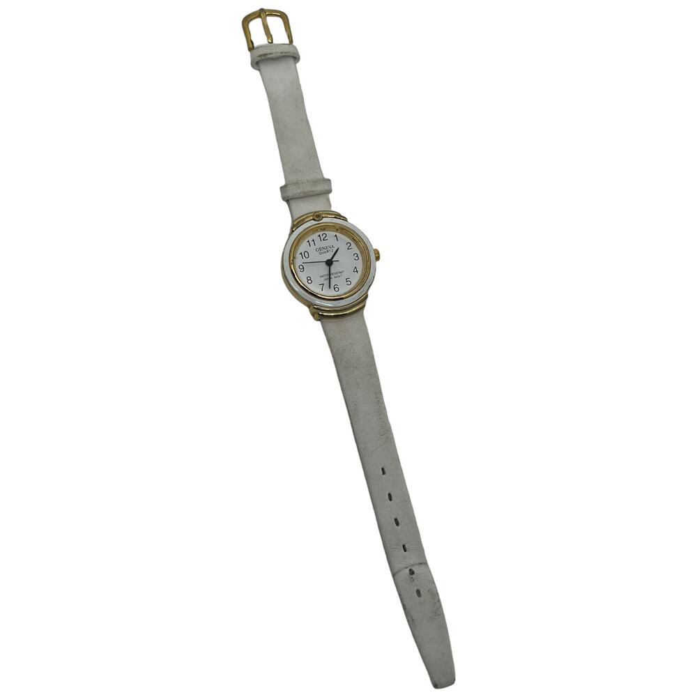 Vintage Geneva White Leather Band Watch Gold Tone Case Quartz Untested Y2K